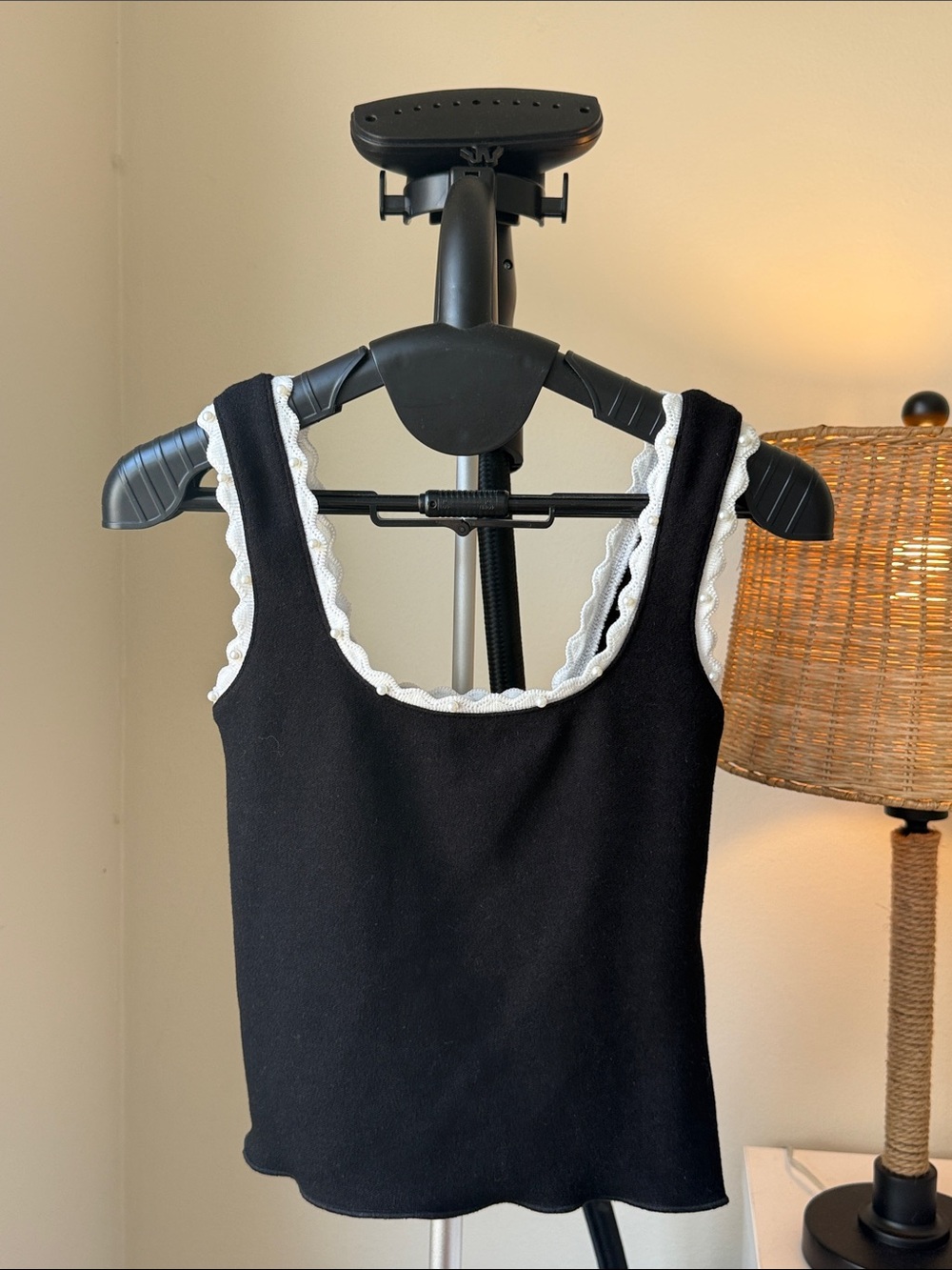Zara Black Tank Top with White Scalloped Trim
